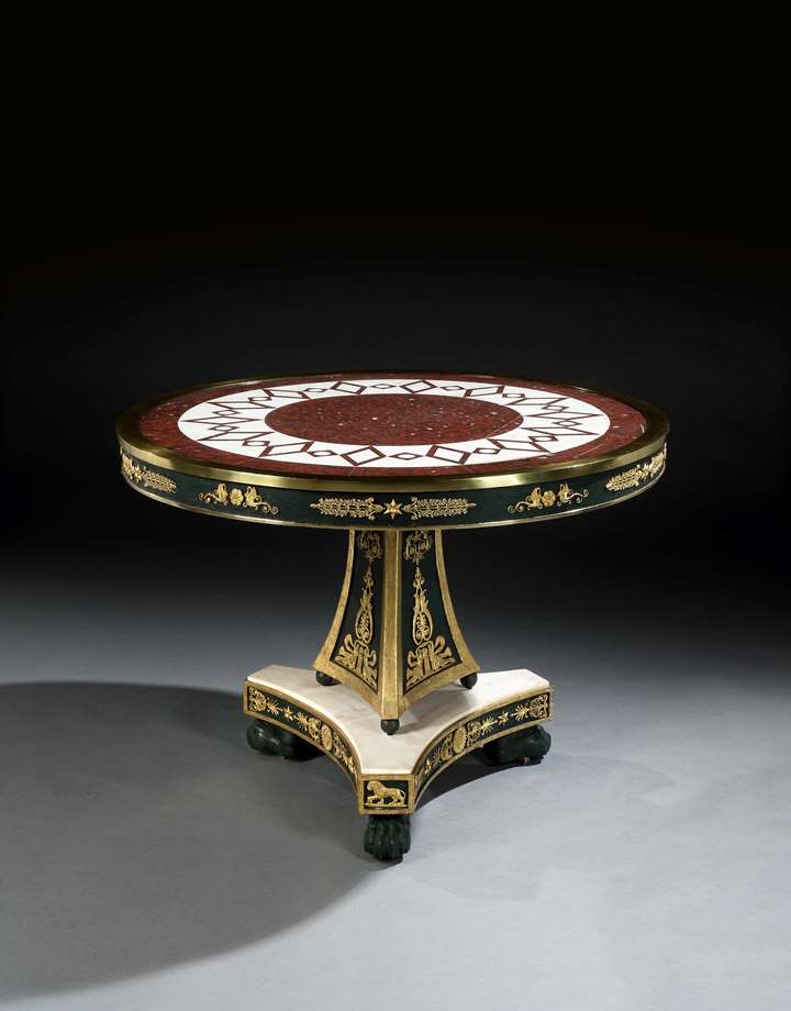 An important inlaid marble, bronzed and ormolu mounted centre table